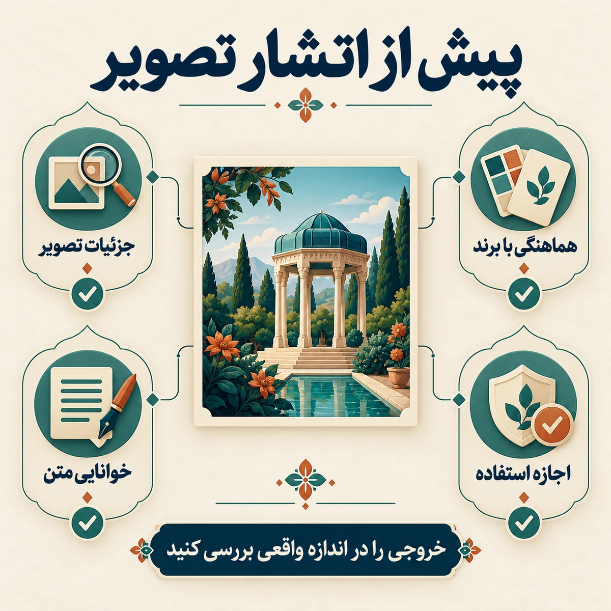 بررسی جزئیات تصویر، هماهنگی با برند، خوانایی متن و اجازه استفاده پیش از انتشار