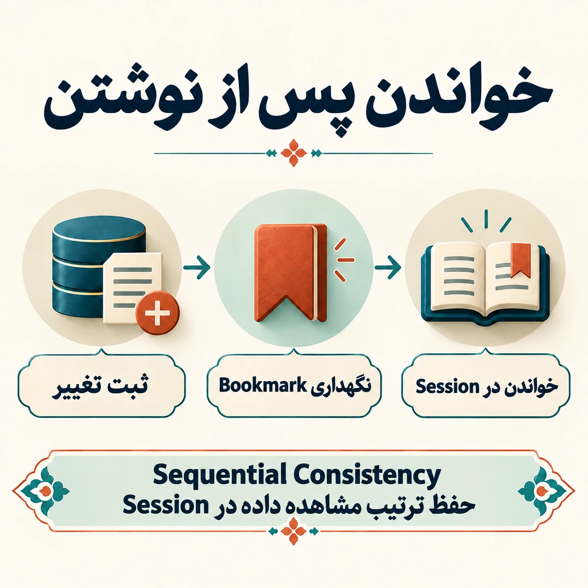 نمودار ثبت تغییر، نگهداری Bookmark و خواندن در D1 Session برای Sequential Consistency