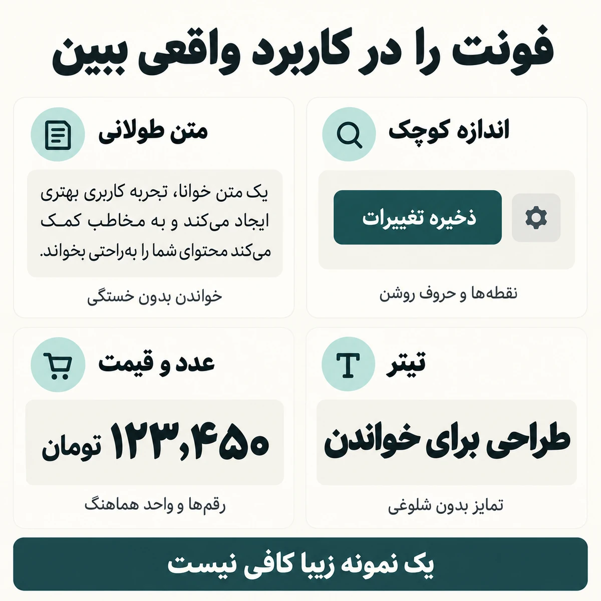 نمودار فارسی بررسی فونت در متن طولانی، اندازه کوچک، عدد و قیمت و تیتر